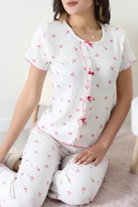 White Crew Neck Floral Ruffle Suit - Denoss