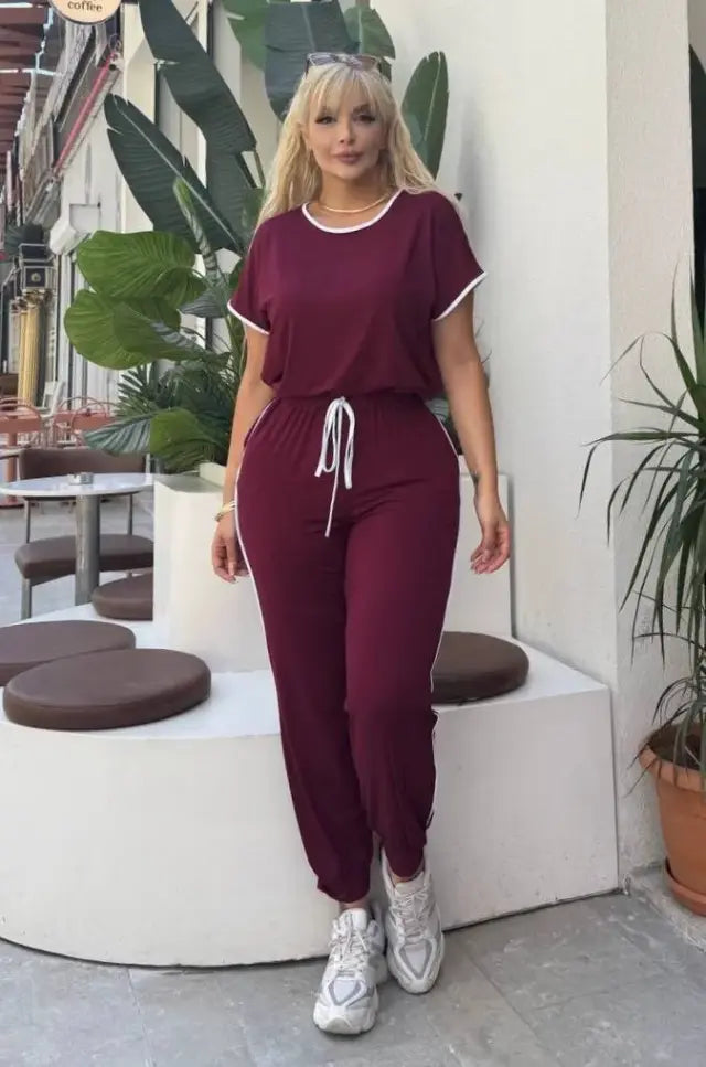 Burgundy Piping Detail and Cuffed Hem Lycra Viscose Set - Denoss