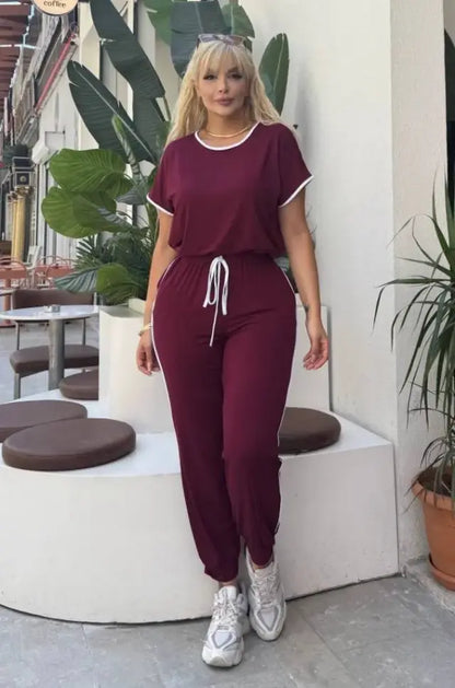 Burgundy Piping Detail and Cuffed Hem Lycra Viscose Set - Denoss