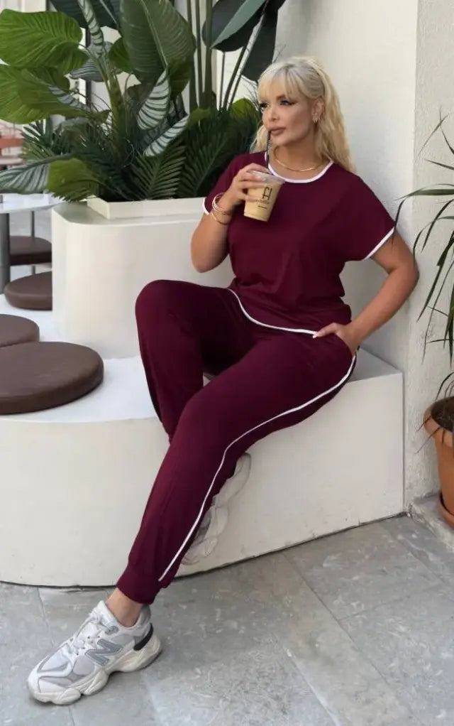 Burgundy Piping Detail and Cuffed Hem Lycra Viscose Set - Denoss