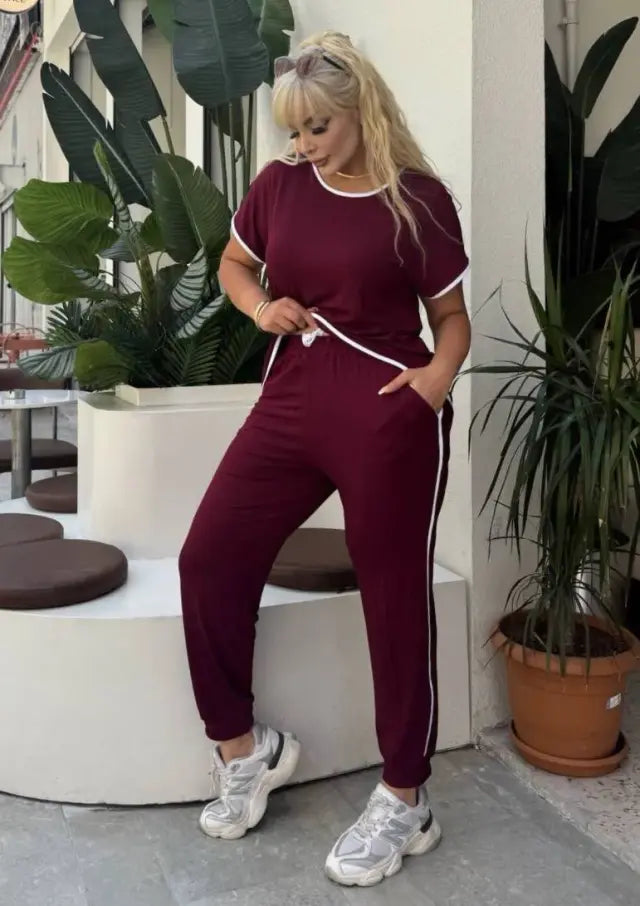 Burgundy Piping Detail and Cuffed Hem Lycra Viscose Set - Denoss