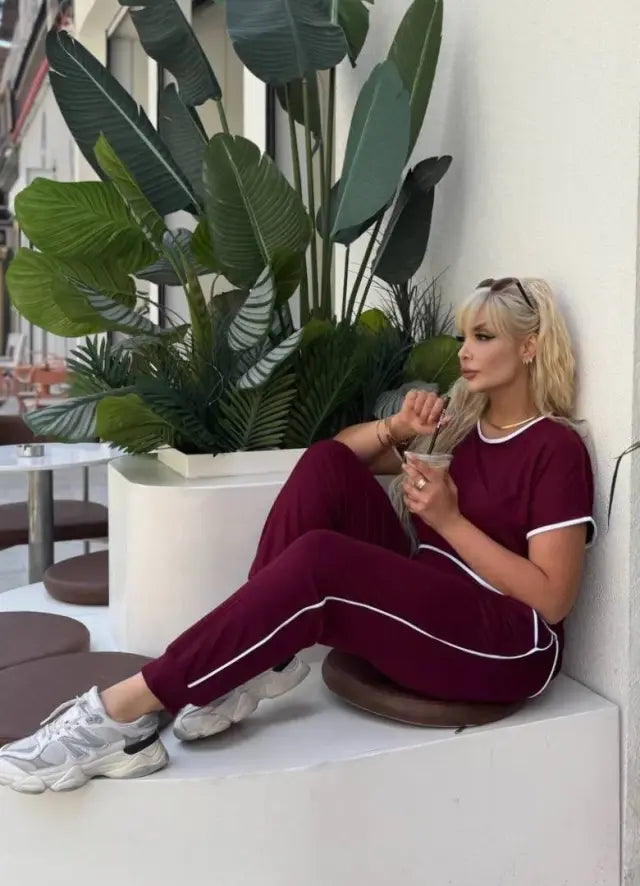 Burgundy Piping Detail and Cuffed Hem Lycra Viscose Set - Denoss
