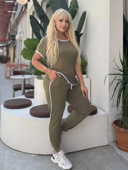 Khaki Piping Detail and Cuffed Hem Lycra Viscose Set - Denoss