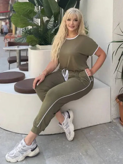 Khaki Piping Detail and Cuffed Hem Lycra Viscose Set - Denoss