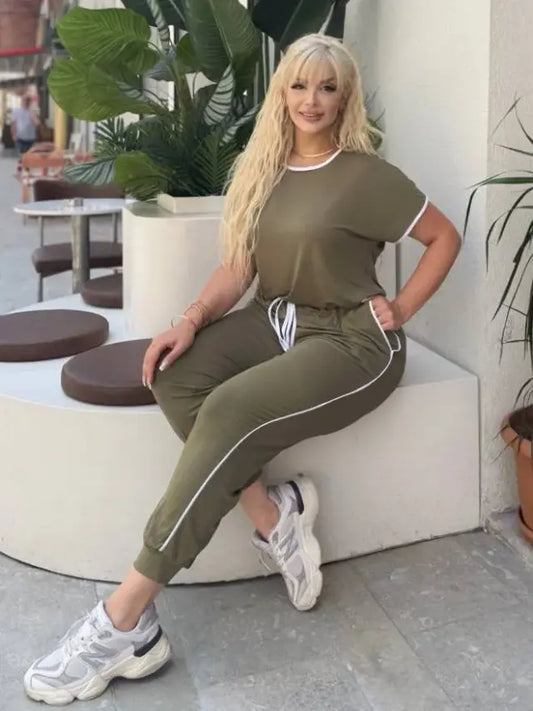 Khaki Piping Detail and Cuffed Hem Lycra Viscose Set - Denoss
