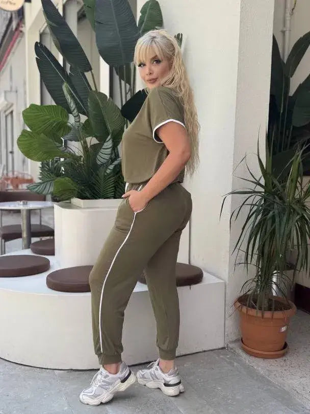 Khaki Piping Detail and Cuffed Hem Lycra Viscose Set - Denoss