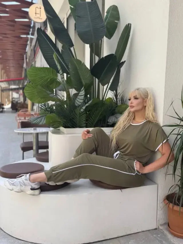 Khaki Piping Detail and Cuffed Hem Lycra Viscose Set - Denoss