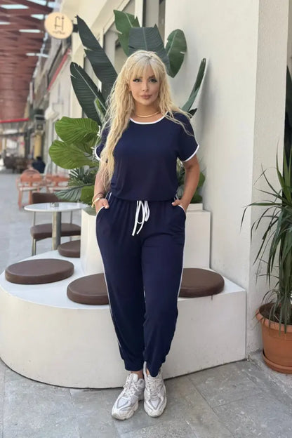 Navy Blue Piping Detail and Cuffed Hem Lycra Viscose Set - Denoss