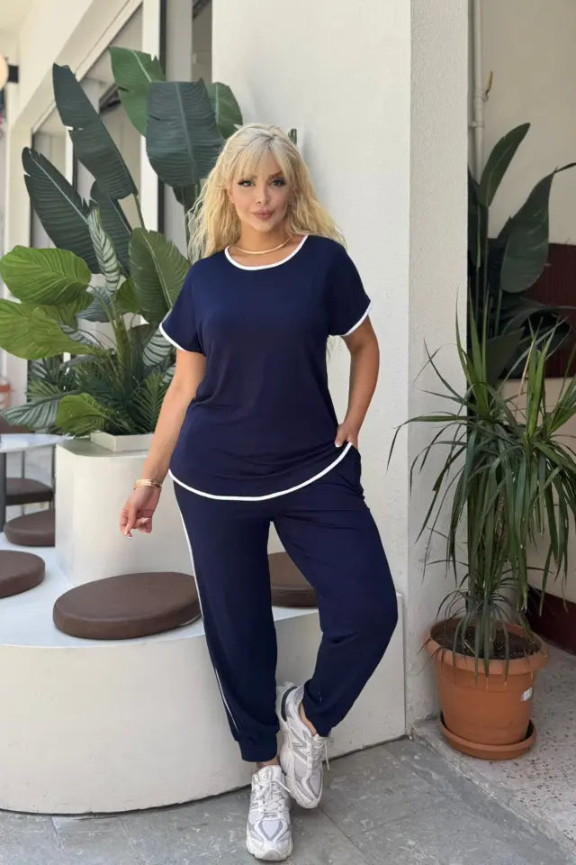 Navy Blue Piping Detail and Cuffed Hem Lycra Viscose Set - Denoss