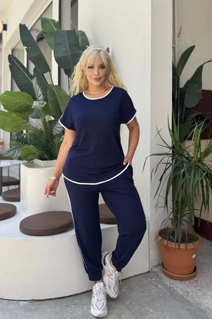 Navy Blue Piping Detail and Cuffed Hem Lycra Viscose Set - Denoss