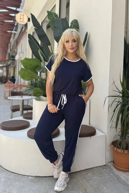 Navy Blue Piping Detail and Cuffed Hem Lycra Viscose Set - Denoss