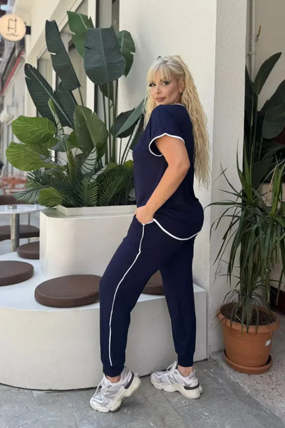 Navy Blue Piping Detail and Cuffed Hem Lycra Viscose Set - Denoss