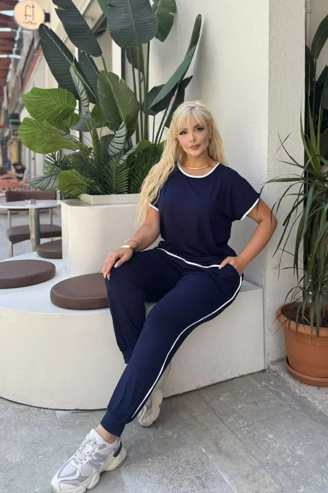 Navy Blue Piping Detail and Cuffed Hem Lycra Viscose Set - Denoss