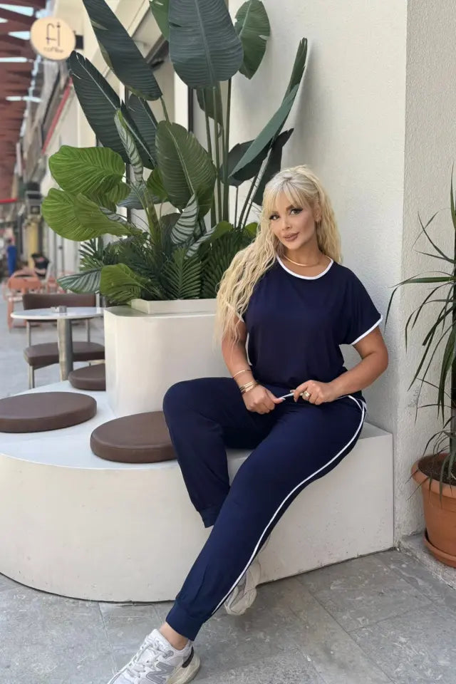 Navy Blue Piping Detail and Cuffed Hem Lycra Viscose Set - Denoss