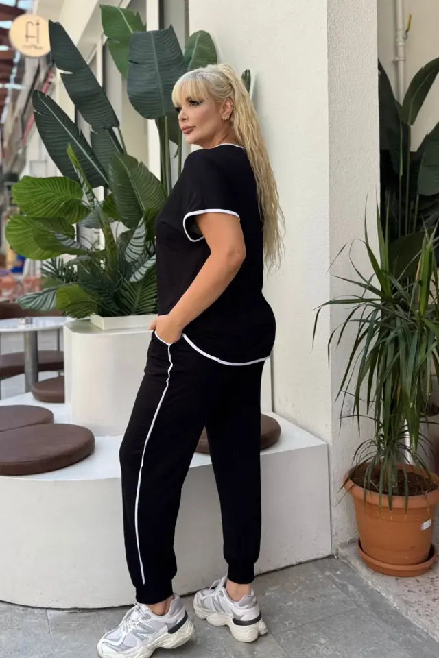 Black Piping Detail and Cuffed Hem Lycra Viscose Set - Denoss