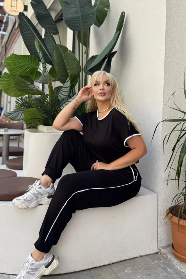 Black Piping Detail and Cuffed Hem Lycra Viscose Set - Denoss