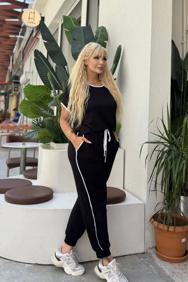 Black Piping Detail and Cuffed Hem Lycra Viscose Set - Denoss