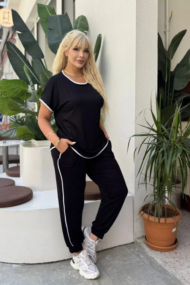 Black Piping Detail and Cuffed Hem Lycra Viscose Set - Denoss
