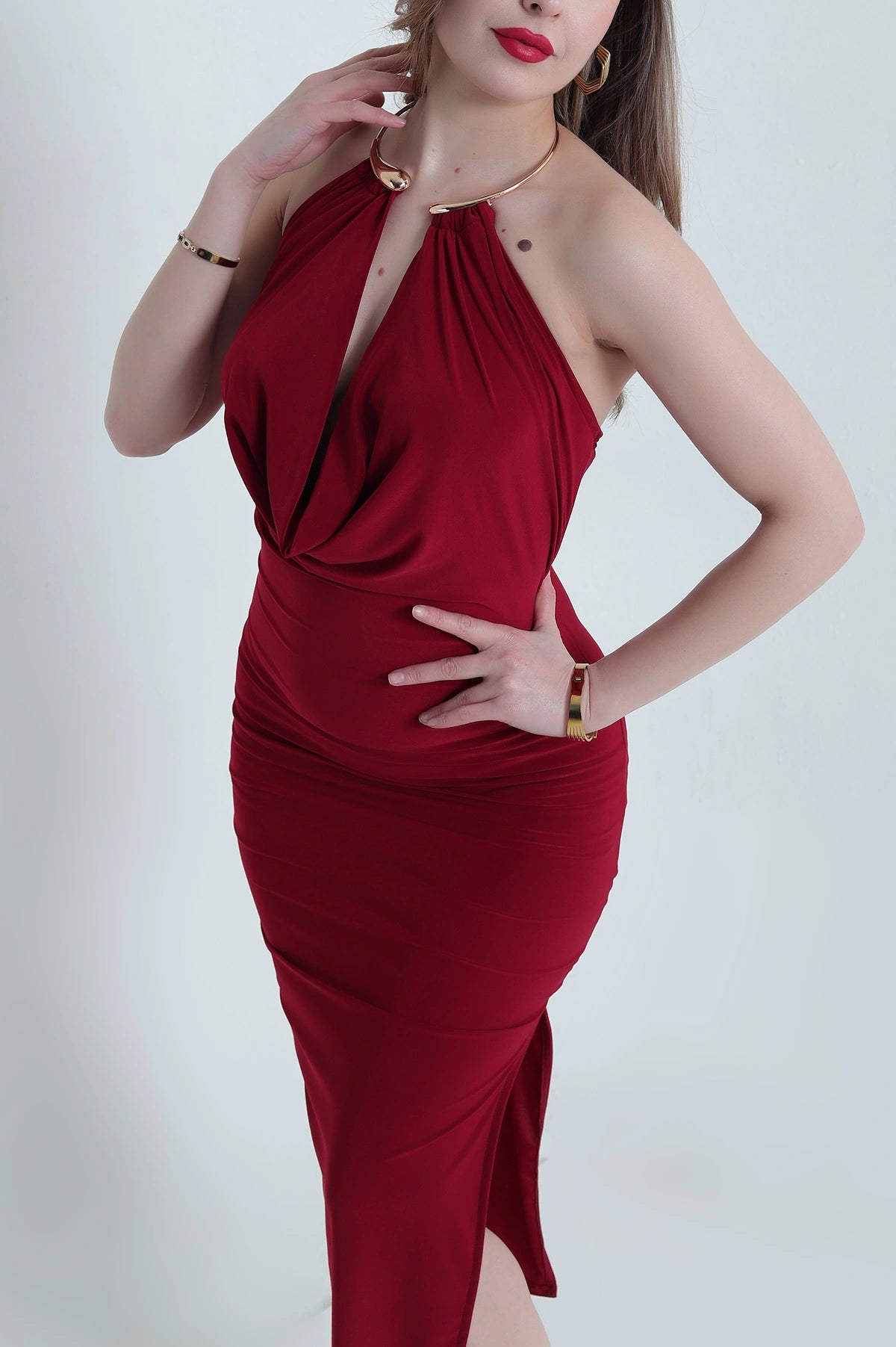 Burgundy Ring Design Sandy Women's Dress