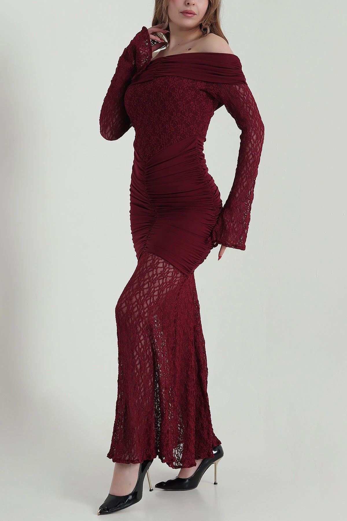 Burgundy Slit Sleeve Lace Women's Dress