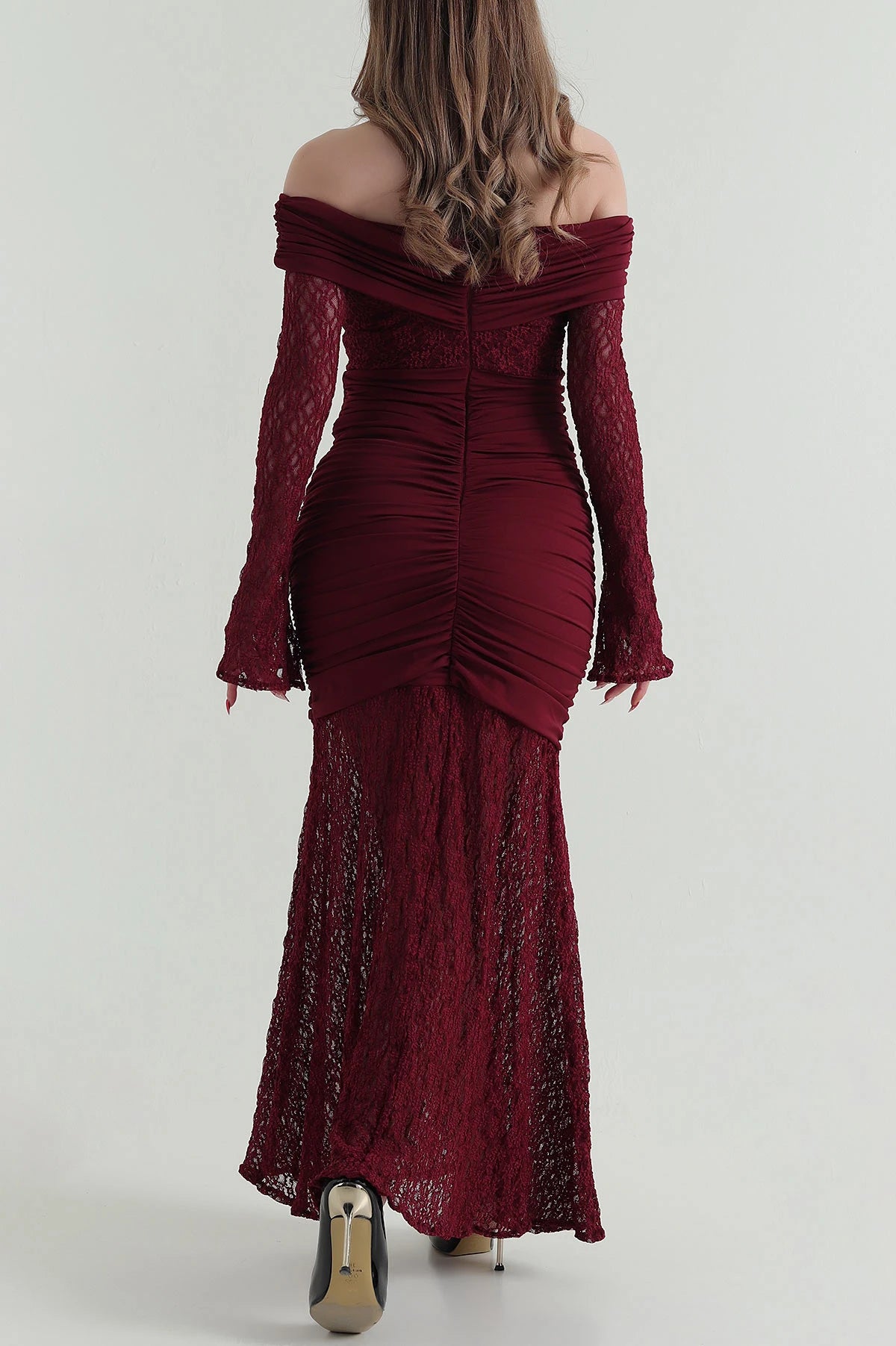 Burgundy Slit Sleeve Lace Women's Dress