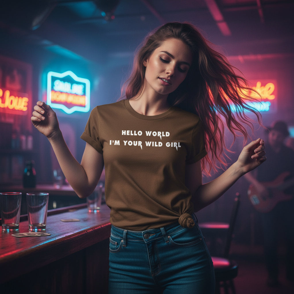 Brown t-shirt with 'Hello world, I'm your wild girl' text in a rustic setting with a chicken and bicycle.