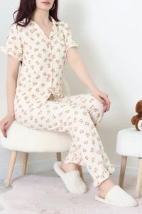 Beige Bears Crepe Fabric Ruffled Shorts Pajama Set - Denoss