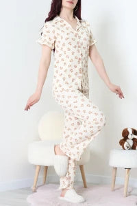 Beige Bears Crepe Fabric Ruffled Shorts Pajama Set - Denoss