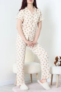 Beige Bears Crepe Fabric Ruffled Shorts Pajama Set - Denoss