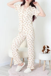 Beige Bears Crepe Fabric Ruffled Shorts Pajama Set - Denoss
