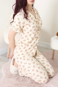 Beige Bears Crepe Fabric Ruffled Shorts Pajama Set - Denoss