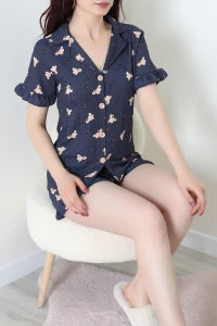 Navy Bears Crepe Fabric Ruffled Shorts Pajama Set - Denoss