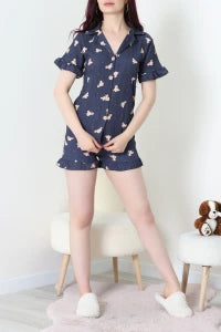 Navy Bears Crepe Fabric Ruffled Shorts Pajama Set - Denoss