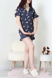 Navy Bears Crepe Fabric Ruffled Shorts Pajama Set - Denoss