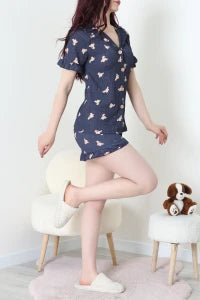 Navy Bears Crepe Fabric Ruffled Shorts Pajama Set - Denoss