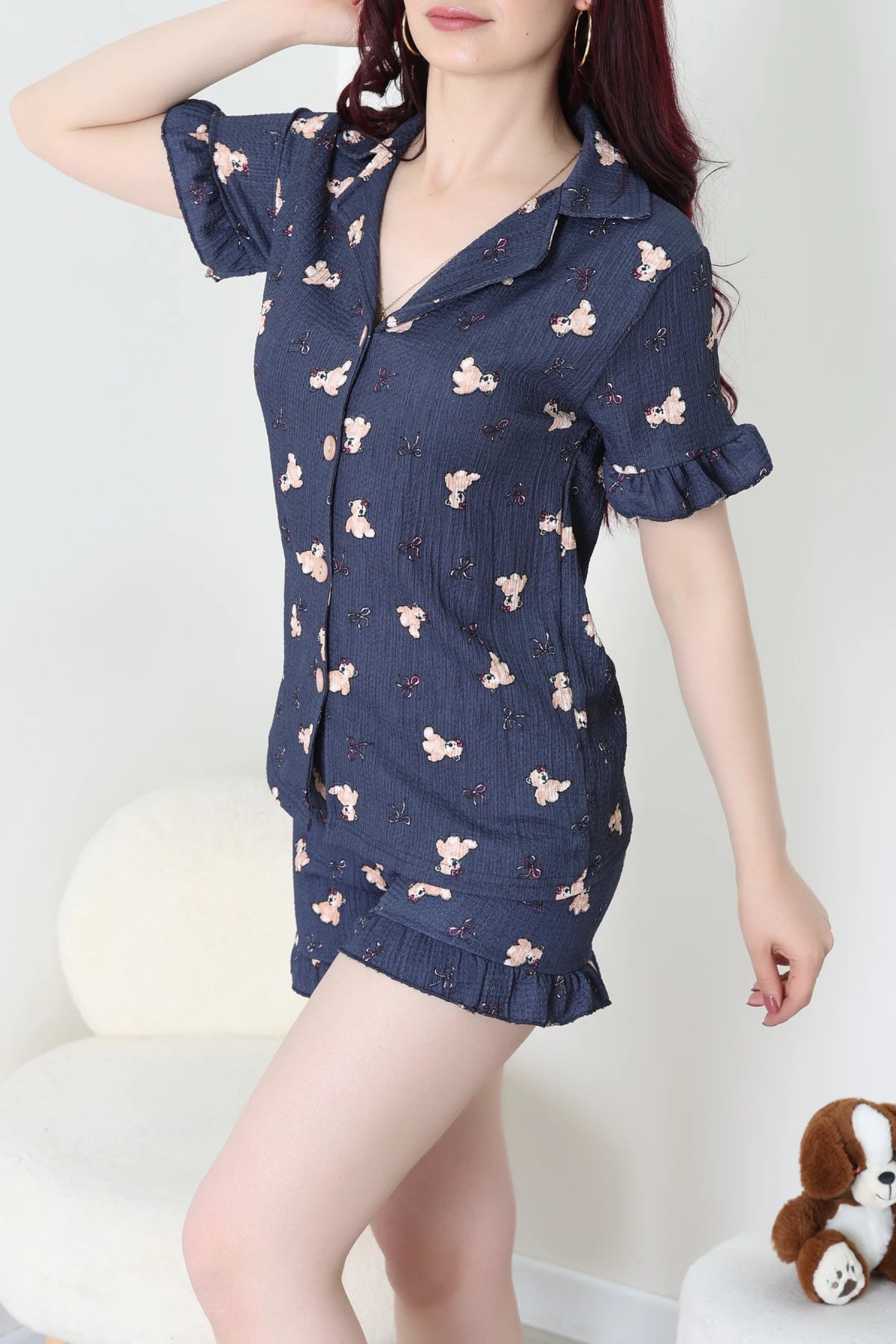Navy Bears Crepe Fabric Ruffled Shorts Pajama Set - Denoss