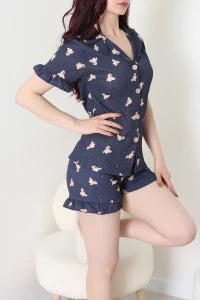 Navy Bears Crepe Fabric Ruffled Shorts Pajama Set - Denoss