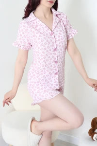 Pink Crepe Fabric Ruffled Shorts Pajama Set - Denoss