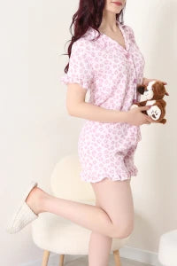 Pink Crepe Fabric Ruffled Shorts Pajama Set - Denoss
