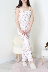 Strawberry Rope Strap White Bürümcük Pajama Set - Denoss