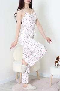 Strawberry Rope Strap White Bürümcük Pajama Set - Denoss