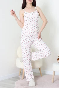 Strawberry Rope Strap White Bürümcük Pajama Set - Denoss