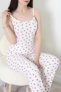 Strawberry Rope Strap White Bürümcük Pajama Set - Denoss