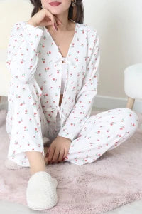White V Neck Floral Ruffle Suit - Denoss