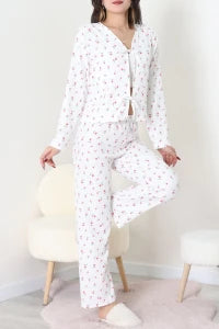 White V Neck Floral Ruffle Suit - Denoss