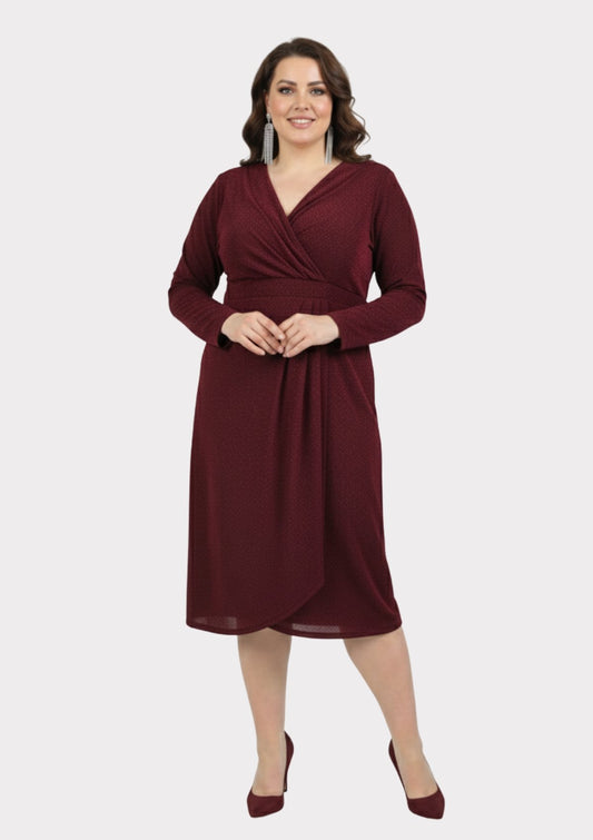 Plus Size Burgundy Wrap Neckline Lycra Glitter Evening Dress - Denoss