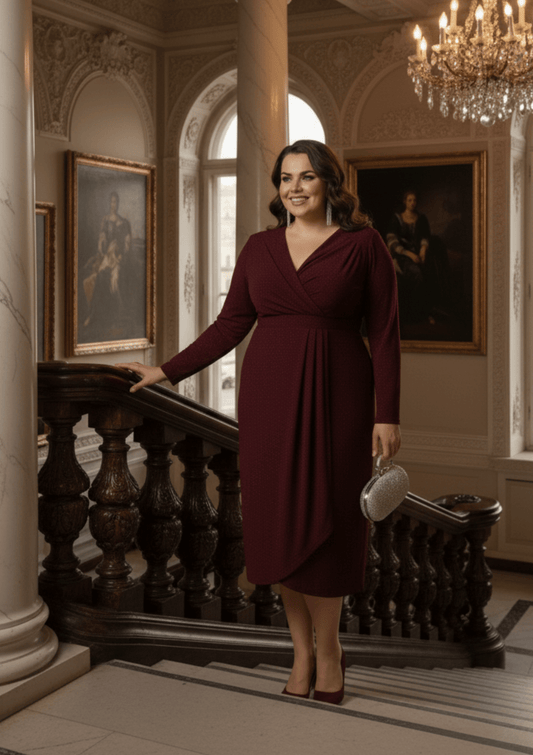 Plus Size Burgundy Wrap Neckline Lycra Glitter Evening Dress - Denoss