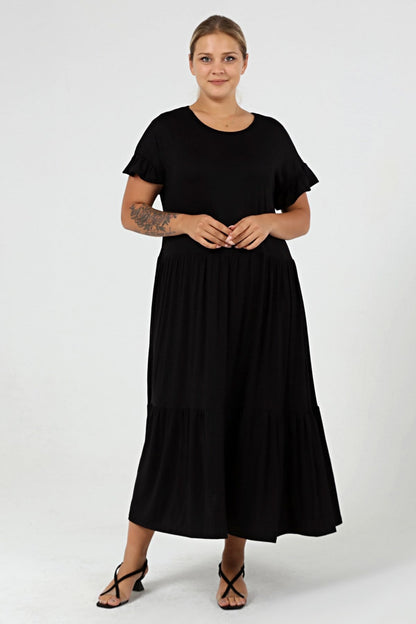 Plus Size Gathered Block Ruffle Sleeve Black Dress