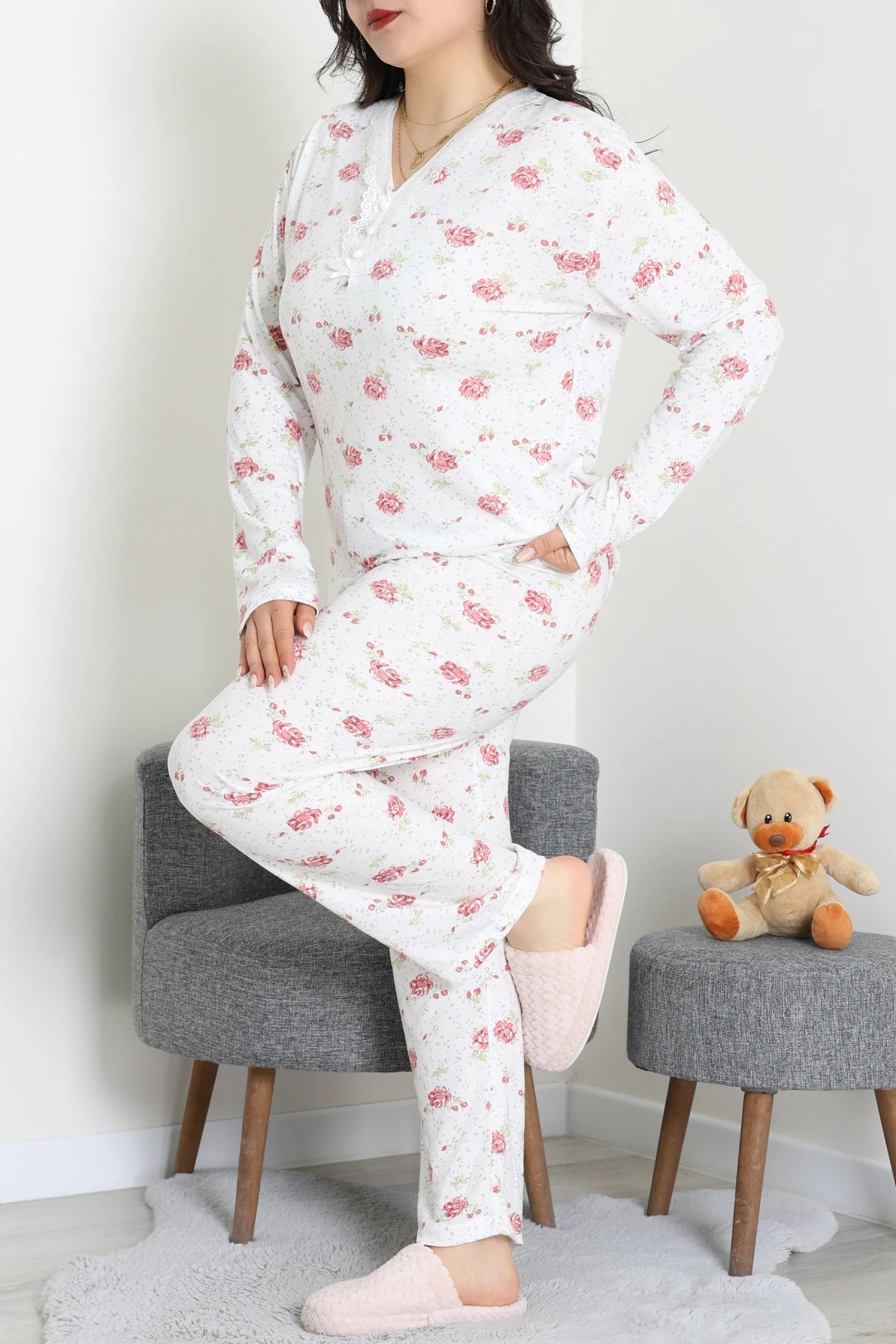 Modal Plus Size Pajama Set White Flowers - Denoss