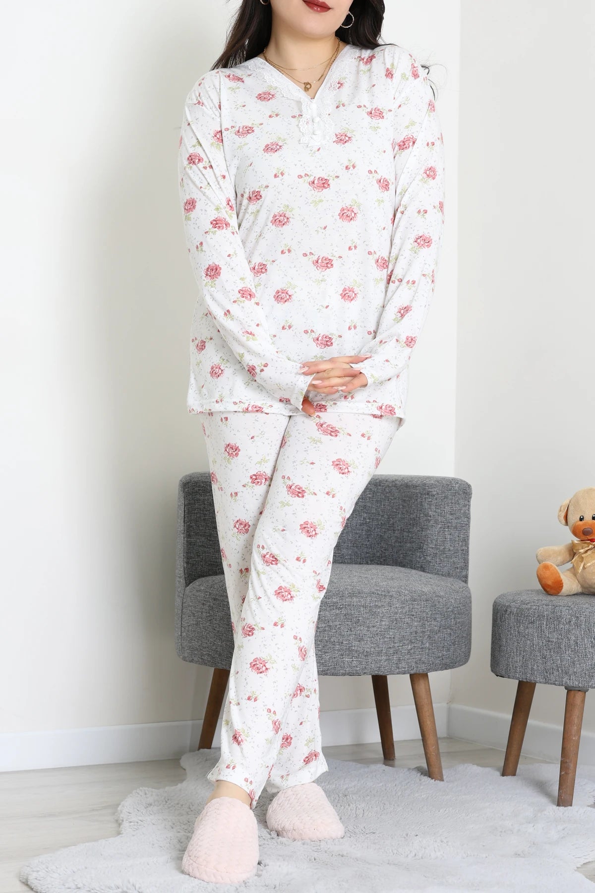 Modal Plus Size Pajama Set White Flowers - Denoss